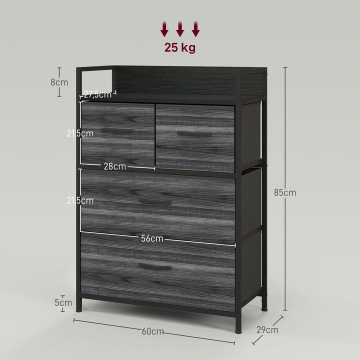 Kommode, skænk, 4 stofskuffer, industrielt design, 60x29x85cm, sort