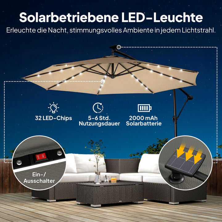 LED solcelledrevet parasol, ca. Ø300 cm, drejelig, med håndsving, beskyttelsesovertræk, beige