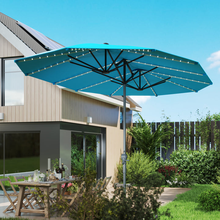 Dobbeltparasol med solcellelamper, aluminium, polyester, upf 50+ beskyttelse, uv-resistent, terrasseparasol, blå