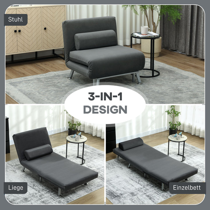 Klapstol med sengefunktion, foldbar afslapningsstol i fløjlslook, justerbar ryglæn, 75 x 70 x 75 cm, mørkegrå