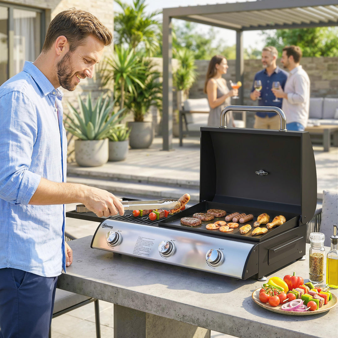 Gasgrill 7,5 KW Bærbar bordgrill med 3 brændere, sidebord, stegeplade, emaljerede grillriste, fedtbakke
