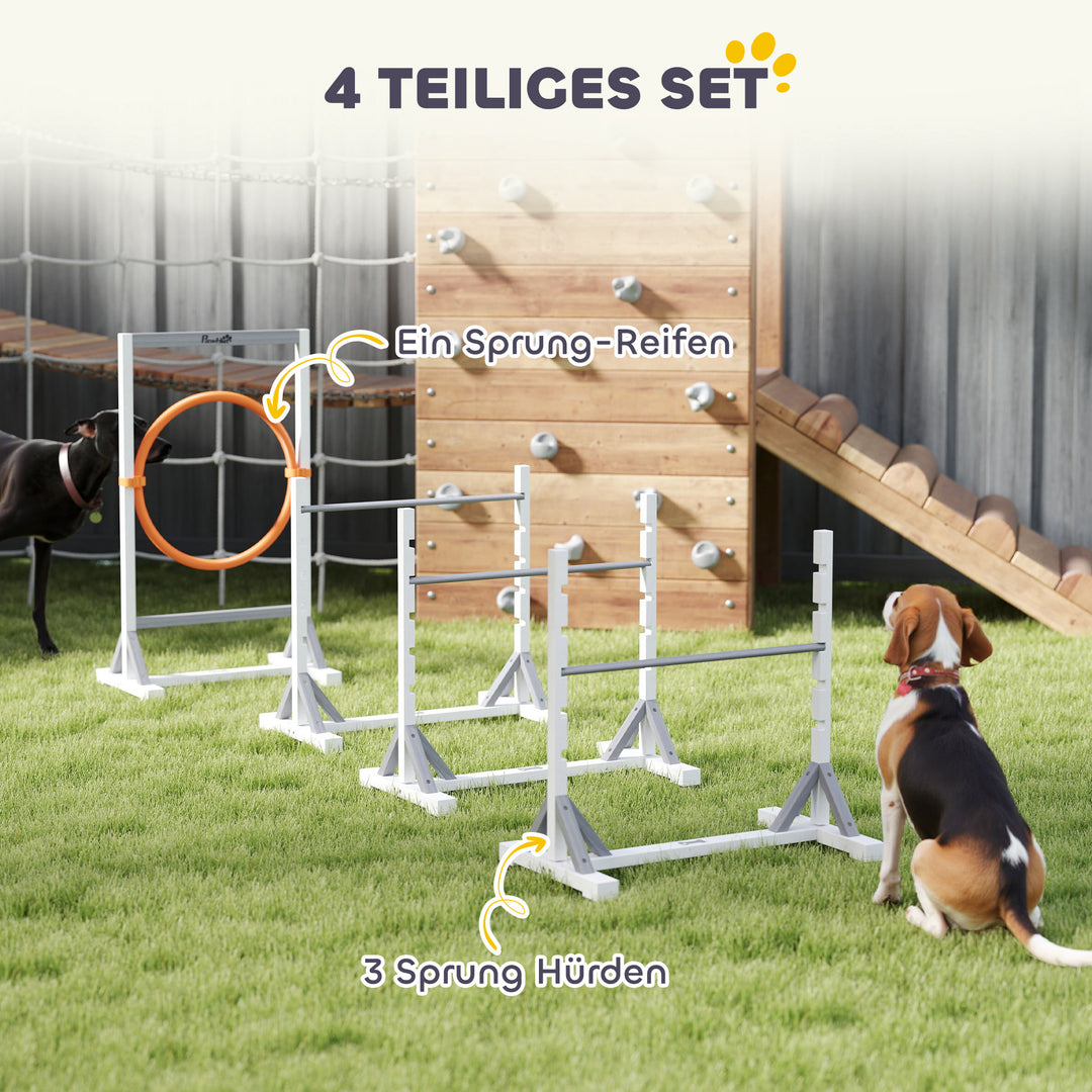 Agility set hunde 4-delt agilityudstyr til hundetræning med højdejusterbare hækkedæk hvide