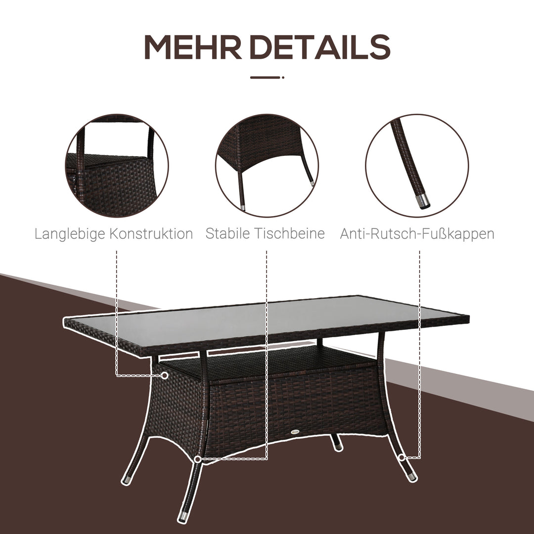 Havebord glasbord spisebord havemøbelbord, polyrattan + sikkerhedsglas, brun + sort, 150x85x74cm