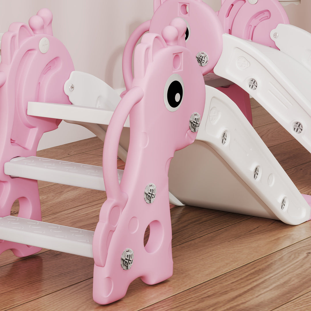 3-i-1 rutsjebane til børn, girafformet, basketballkurv, bold, pink