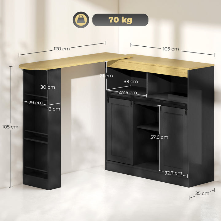 Udtrækkeligt barbord, kan konverteres til l-formet, masser af opbevaringsplads, 3 justerbare hylder, spånplade, mdf, sort