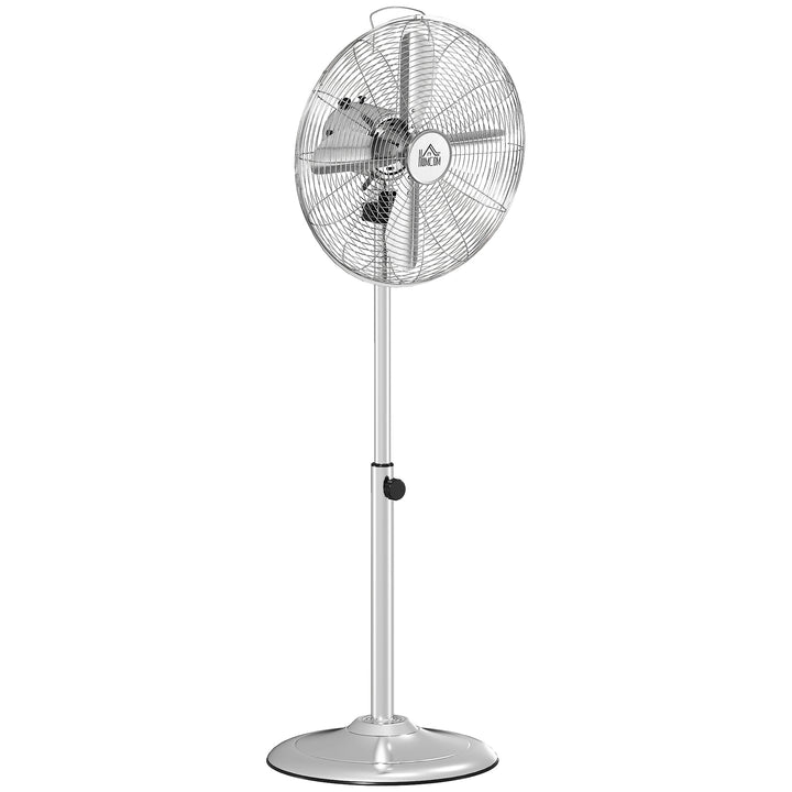 120 cm standerventilator, højdejusterbar ventilator, 3 hastighedsindstillinger, justerbar hældningsvinkel, stål, sølv