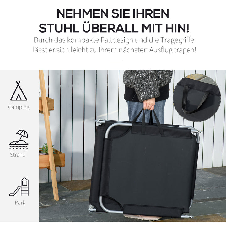 Solseng, foldbar, justerbar ryglæn, rustfri metalramme, 187 x 55 x 24 cm, sort