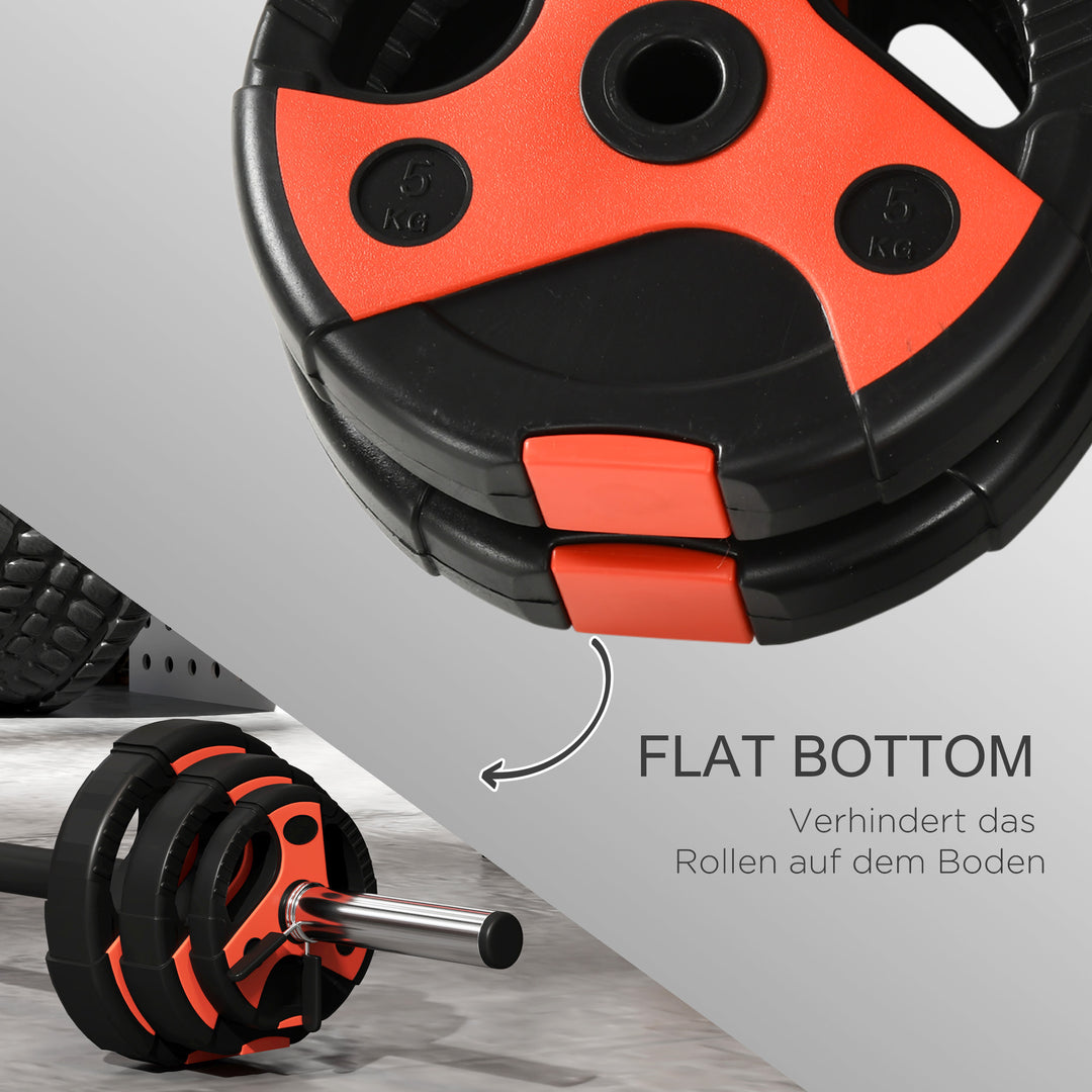 Vægtstangssæt 20 kg, inklusive 6 vægtskiver, 2 x 5 kg, 2 x 2,5 kg, 2 x 1,25 kg, skridsikker stang, sort + rød