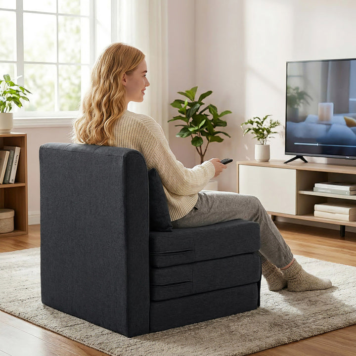 2-i-1 sovesofa, foldbar sovesofa med hørtekstur, polstret gæsteseng, klapstol, mørkegrå