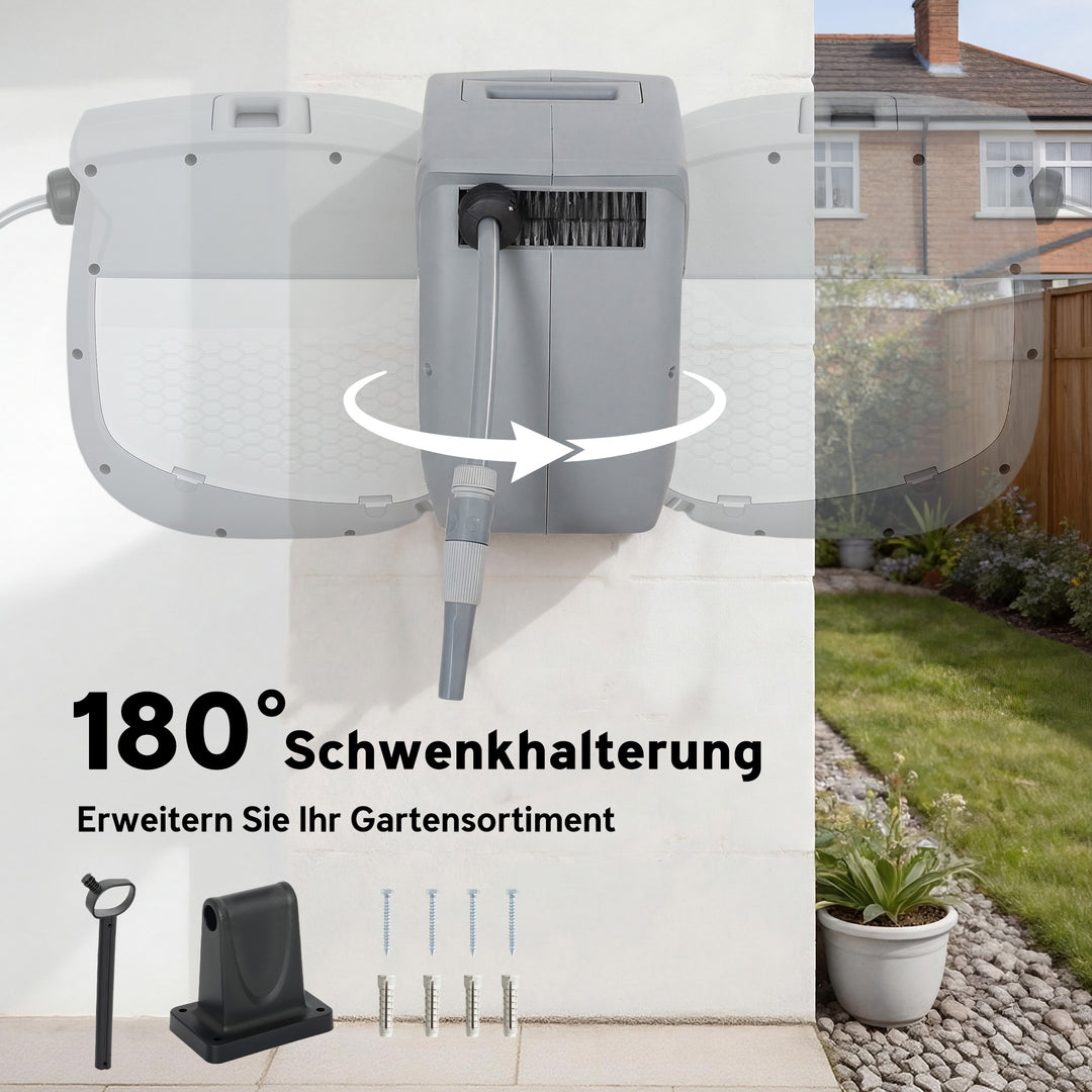 Slangeopruller med 30 m haveslange, 180° drejelig slangeboks med automatisk oprulning og selvlåsende mekanisme.