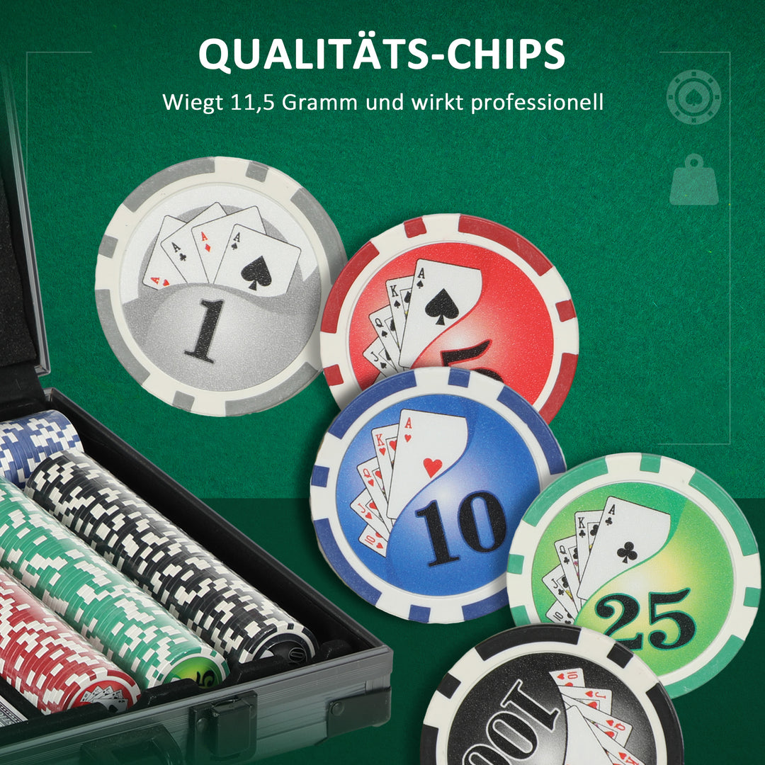 Pokersæt, pokerkasse, 400 chips, 2 sæt kort, 5 terninger, dealer-disk, måtte