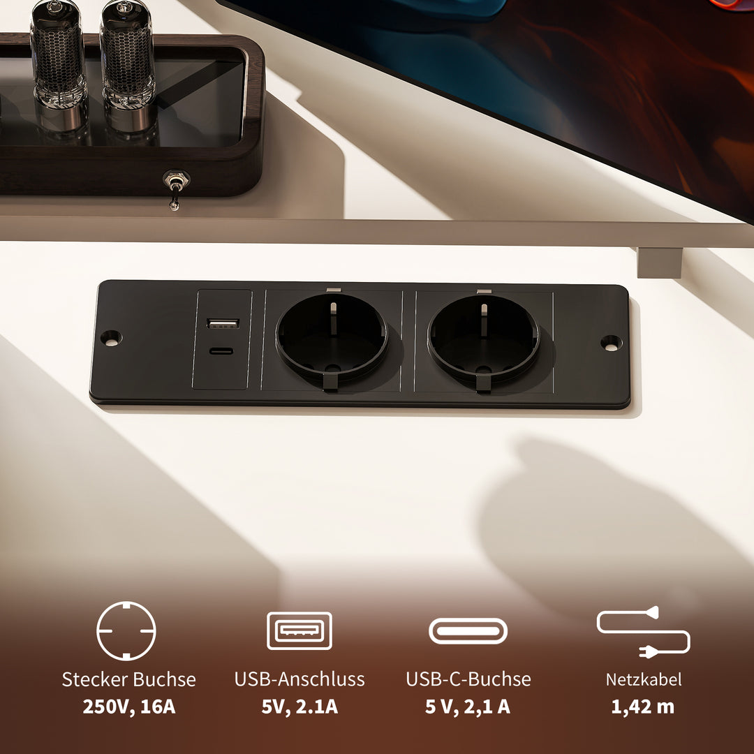 L-formet skrivebord med ladestation, hjørnecomputerbord med skærmstativ og hylder, til hjemmekontor, kontor, hvid