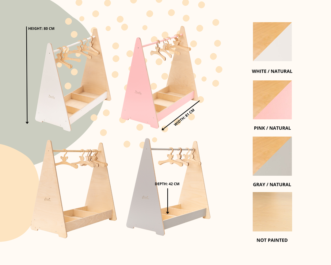 Montessori tøjstativ til selvstændige børn, grå og blå