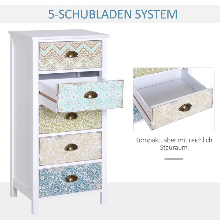 Kommode, skænk, moderne design, 5 skuffer, 46 cm x 34 cm x 97,5 cm, flerfarvet