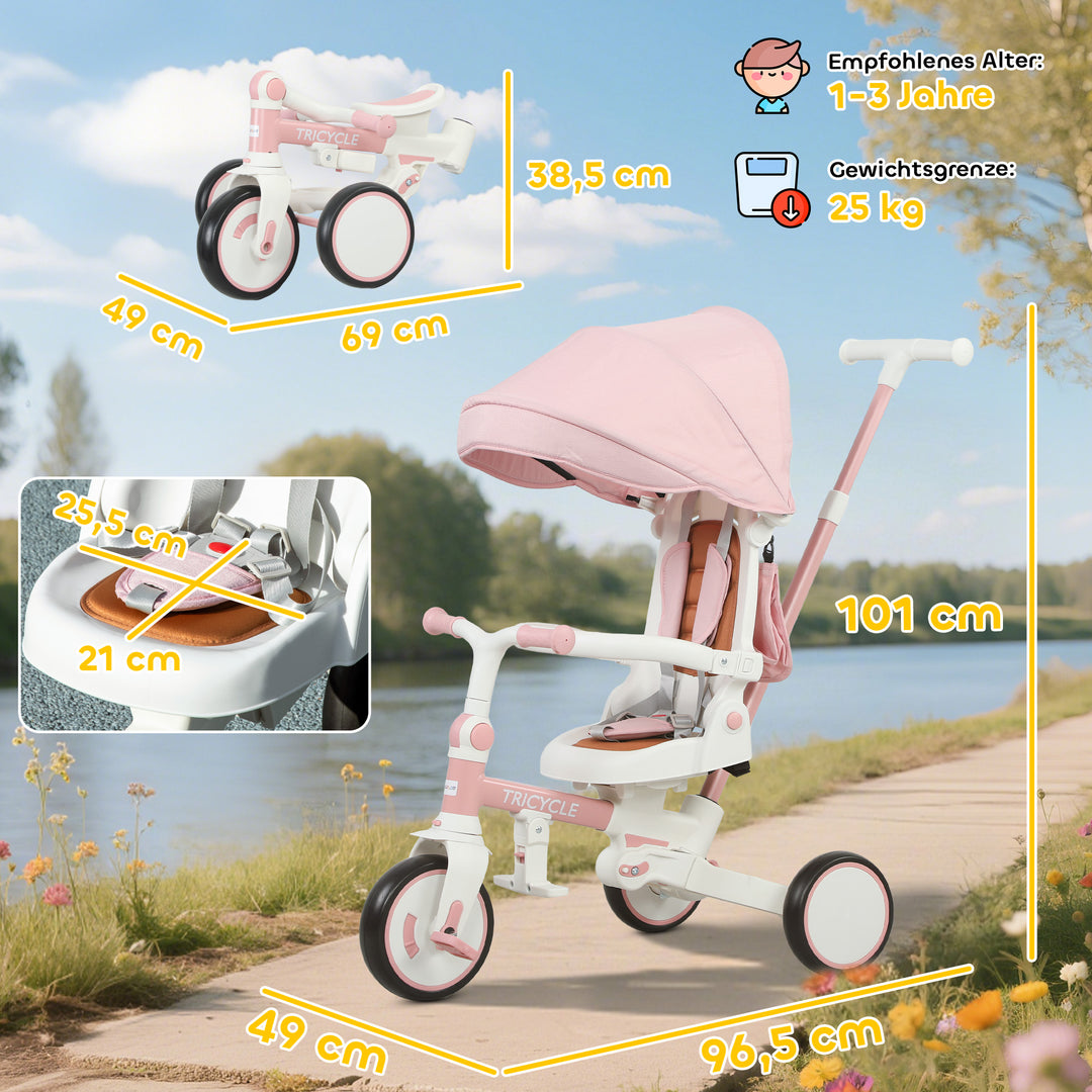 Børnetrecykel, konvertibel babyvogn, 5-i-1 design, aftageligt skubbehåndtag, justerbar, sikkerhedssele, opbevaringstaske, 1-3 år, pink