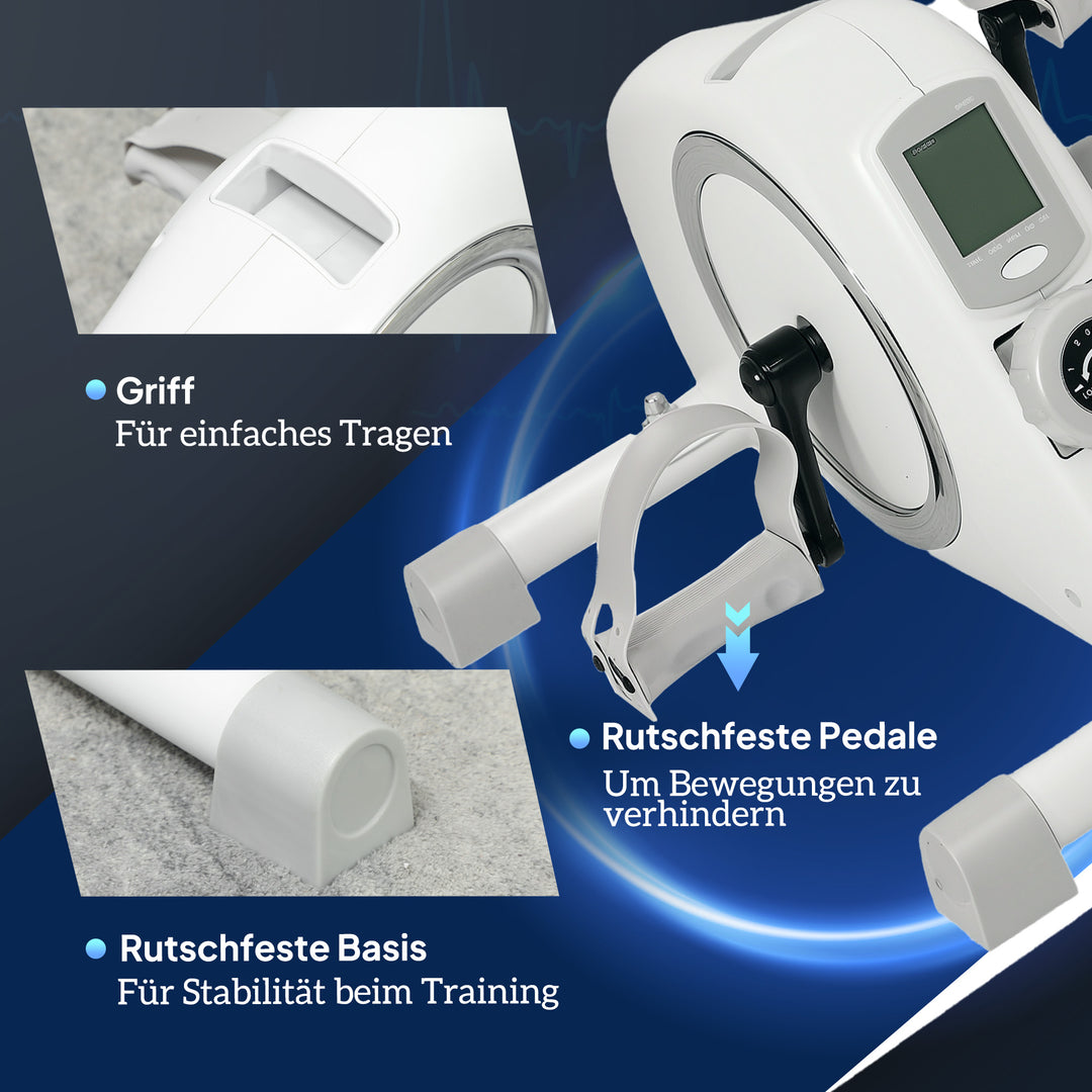 Mini motionscykel, fodpedaler til under skrivebordet, arm- og benøvelser, 8 modstandsniveauer, stål, hvid