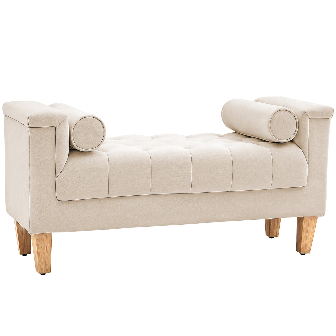 Polstret bænk, vintage design, 2 hynder, chenillebetræk, 115 x 44 x 58 cm, beige