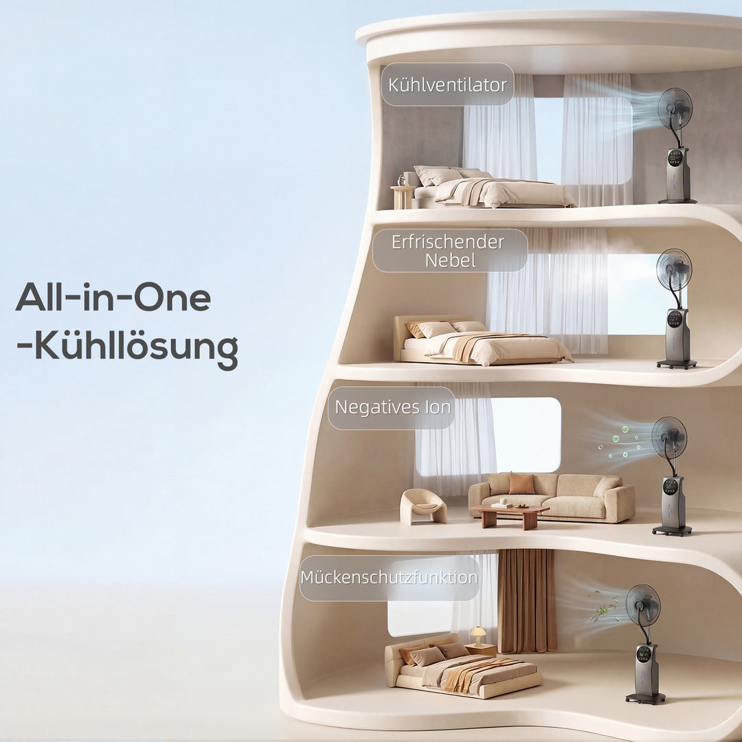 Dugblæser med fjernbetjening, piedestalblæser med vandtåge, 70° oscillation, 3 hastigheder, 3 tilstande, 3,1L vandtank