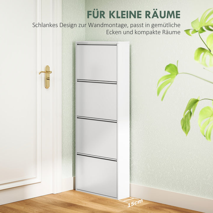 Slim metalskoskab til op til 8 par sko, 4 vippeskuffer, til entré, hvid