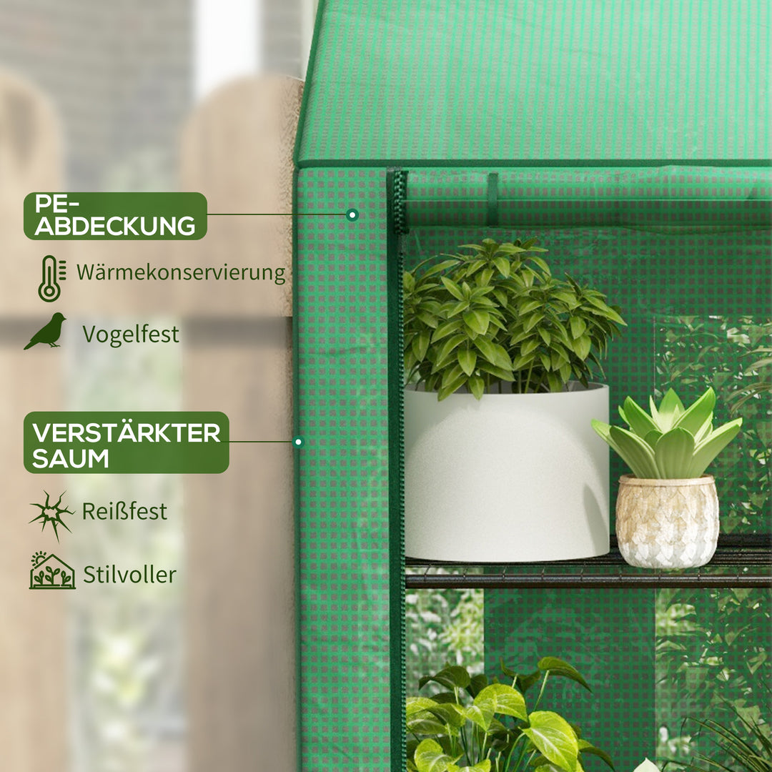 Minidrivhus, 3 etager, 6 trådhylder, 2 åbninger, plastikpresenning, grøn