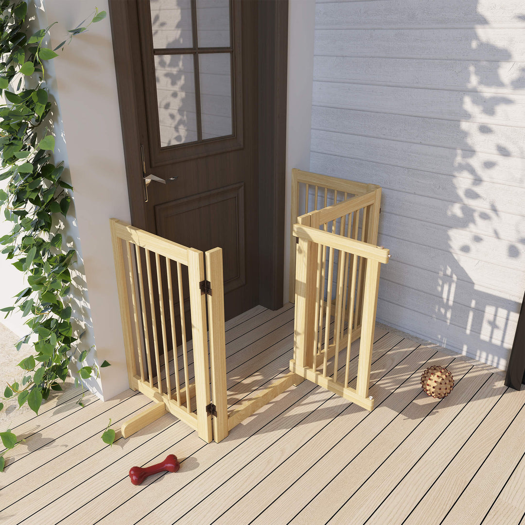 Fritstående hundegitter, 4 paneler, fleksibelt, fyrretræ, 204l x 36b x 75h cm, naturtræ