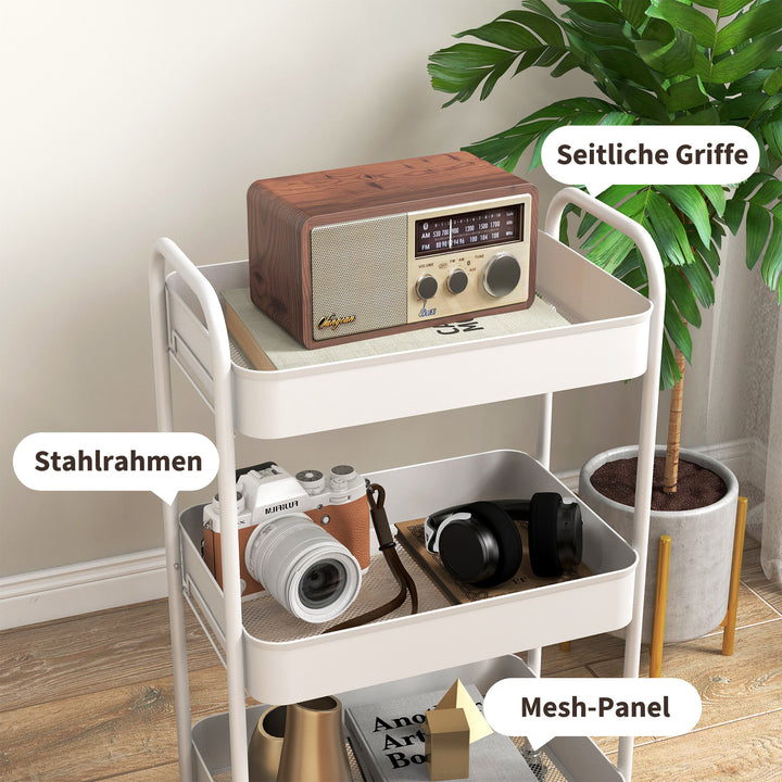 Køkkenvogn til flere formål, 3 hylder, 4 hjul, 45 cm x 30,6 cm x 79 cm, hvid