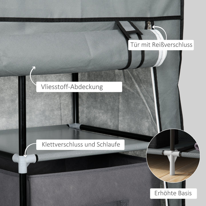 Stofgarderobe foldbart skab, 1 bøjlestang, 6 hylder, 102 x 42,5 x 162,5 cm, grå
