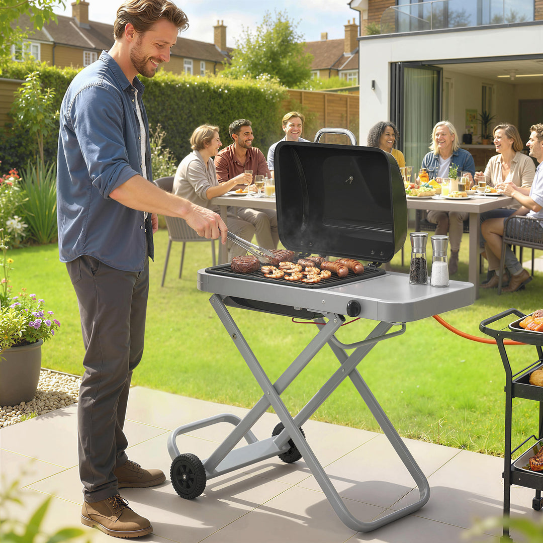 Bærbar gasgrill, 1 brænder, 2,5 kW, grillvogn med foldbar vogn, grillrist, sidebord, låg, termometer