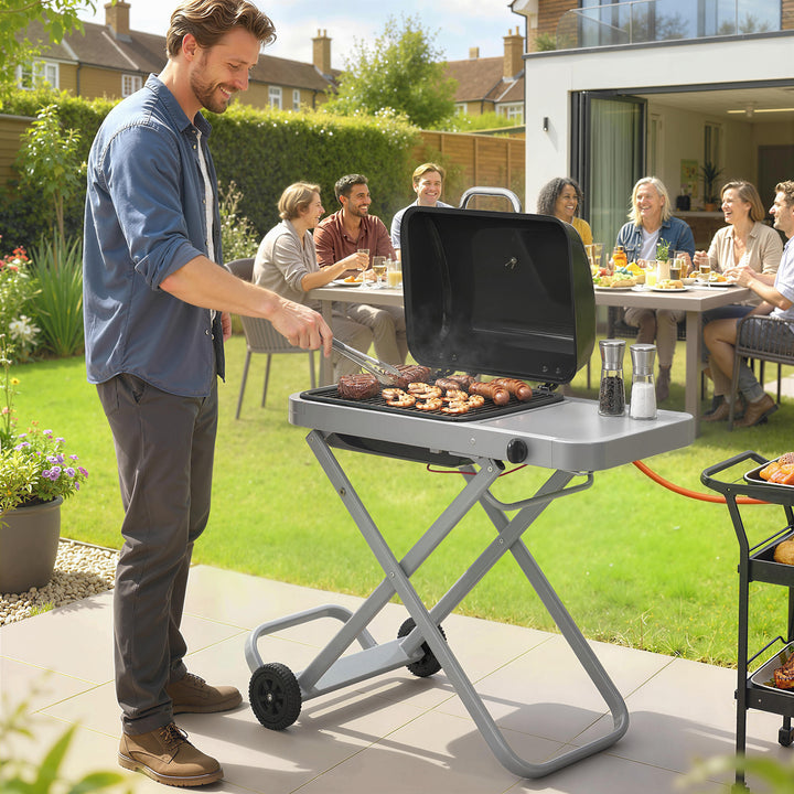 Bærbar gasgrill, 1 brænder, 2,5 kW, grillvogn med foldbar vogn, grillrist, sidebord, låg, termometer