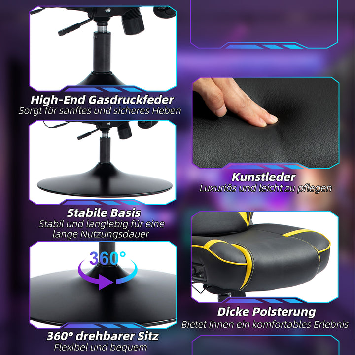 Gamingstol med vippefunktion og højttaler, lænde- og nakkestøtte, til legerum, kunstlæder, gul+sort