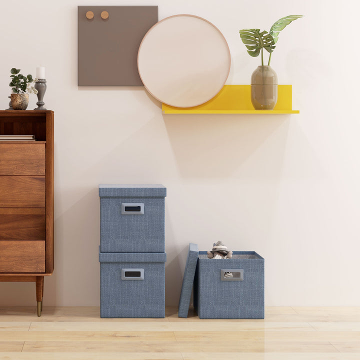 Opbevaringssæt, aftageligt låg, håndtag, sammenklappelig, stabelbar, imiteret hør, blå