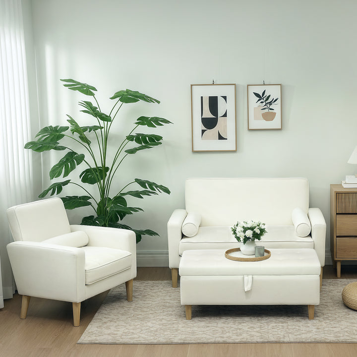 Polstret opbevaringsfodskammel med træben og blødt stofbetræk, cremehvid