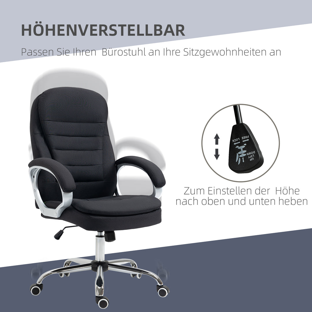 Kontorstol, arbejdsstol, skrivebordsstol, drejestol, 360°, ergonomisk, vippefunktion, højdejusterbar, sort linned, 64 x 75 x 111-121 cm