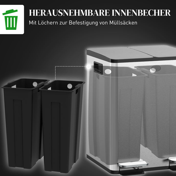 2 x 20 L dobbelte affaldsbeholdere, pedalåbning, nem at rengøre, rustfrit stål, plastik, sølv