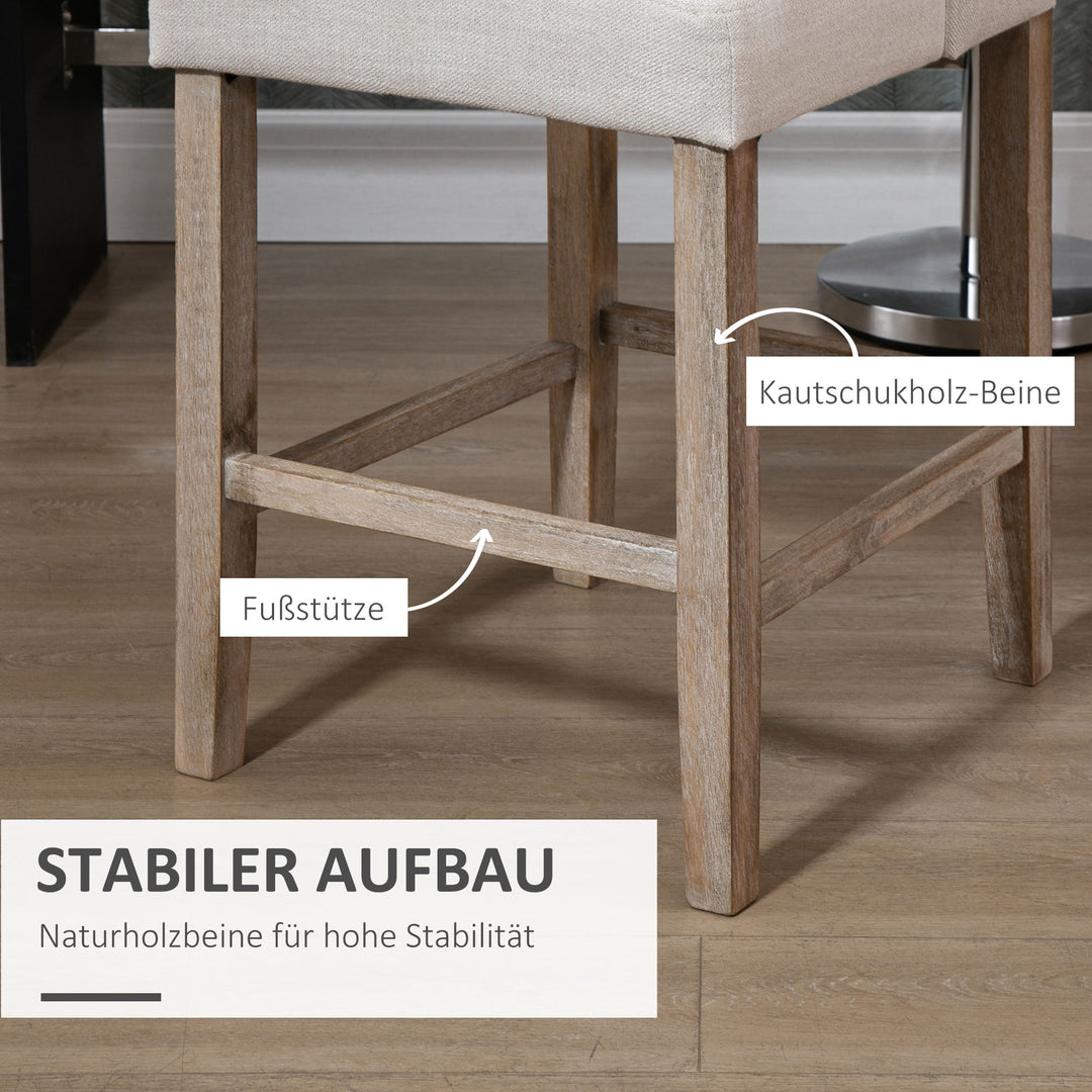 Sæt med 2 barstole med ryglæn, barstole med knapsyninger, massivt træ, inklusive fodstøtte, 47 cm x 50 cm x 101 cm, grå + natur