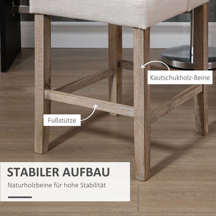 Sæt med 2 barstole med ryglæn, barstole med knapsyninger, massivt træ, inklusive fodstøtte, 47 cm x 50 cm x 101 cm, grå + natur