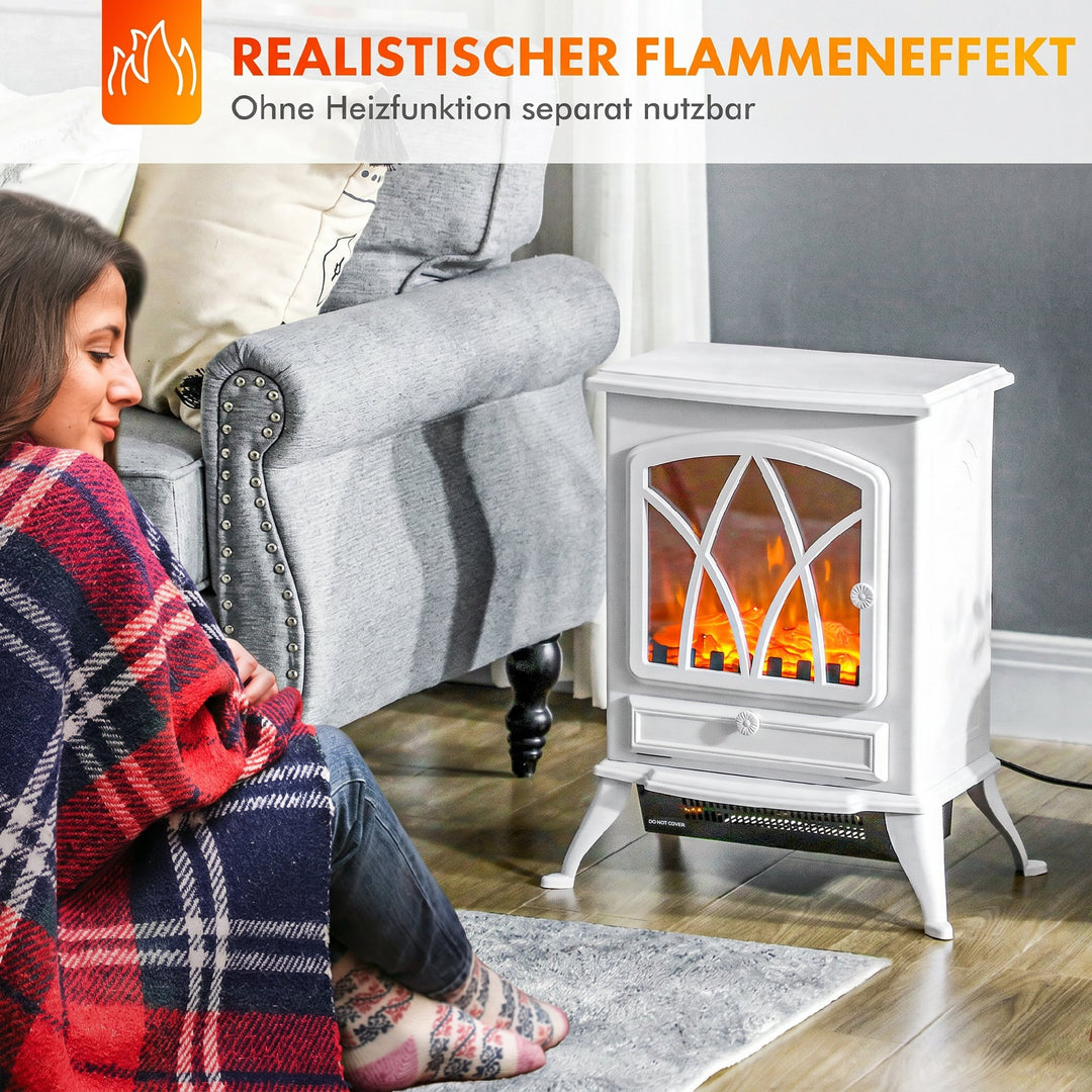 Elektrisk pejs med varmelegeme, LED-flammeeffekt, 1000/2000W, hvid
