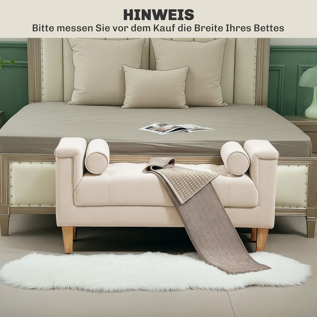 Polstret bænk, vintage design, 2 hynder, chenillebetræk, 115 x 44 x 58 cm, beige