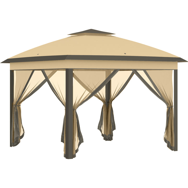 Foldbart lysthus, havelysthus, presenning af metal og stof, netgardiner, drænhuller, 330L x 330B x 288H cm, beige