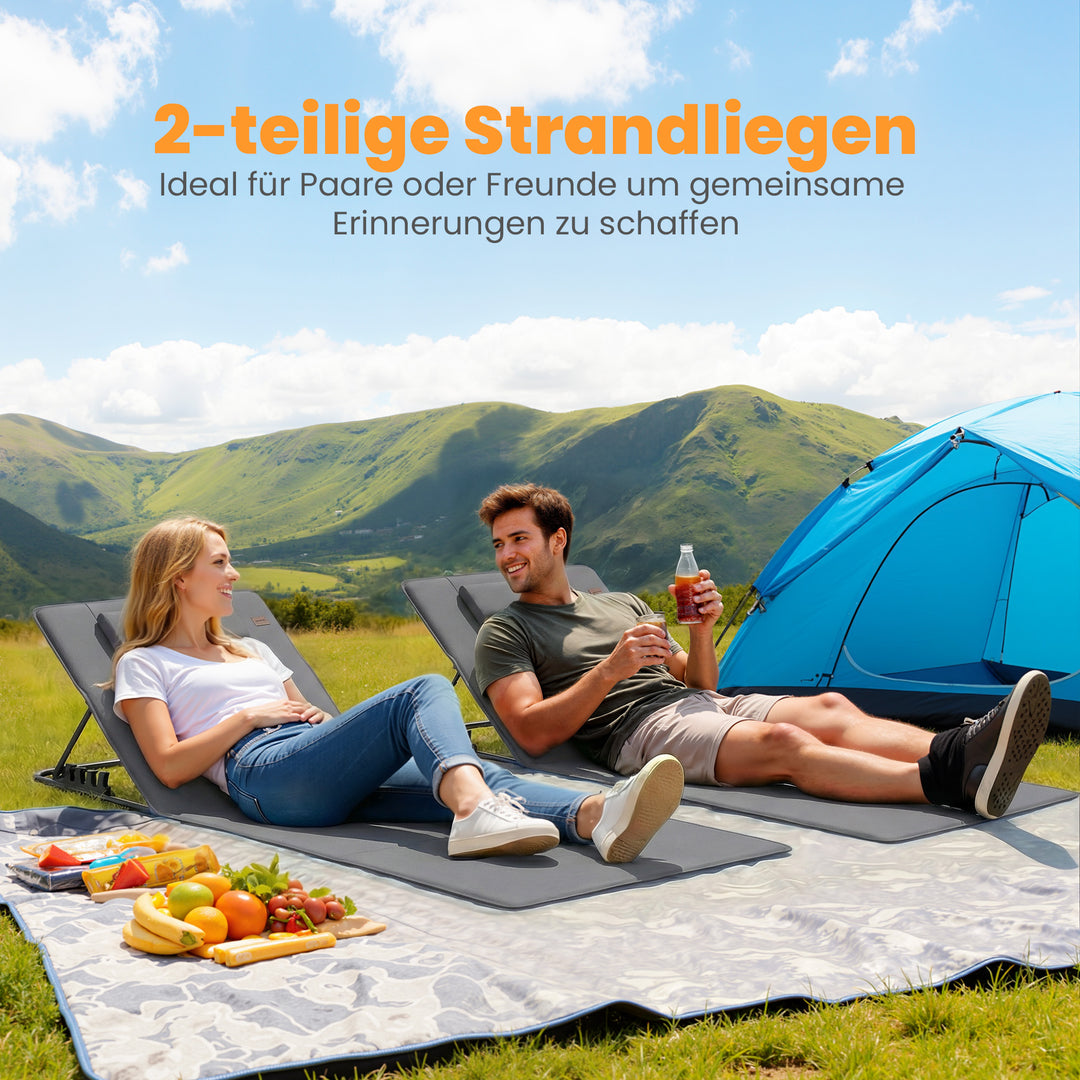 Sæt med 2 strandmåtter med justerbar ryglæn, foldbar, letvægts strandstol med nakkestøtte og opbevaringstaske