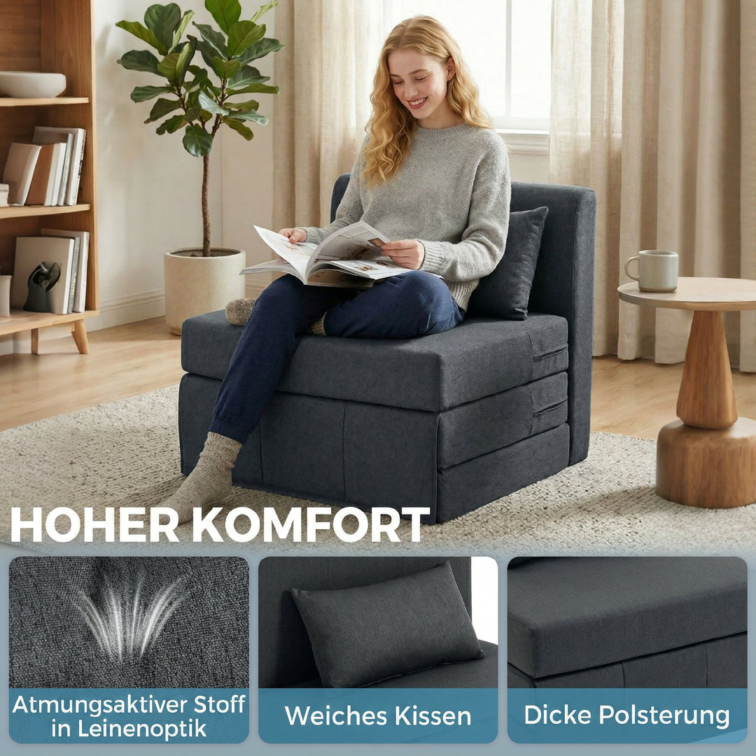 2-i-1 sovesofa, foldbar sovesofa med hørtekstur, polstret gæsteseng, klapstol, mørkegrå