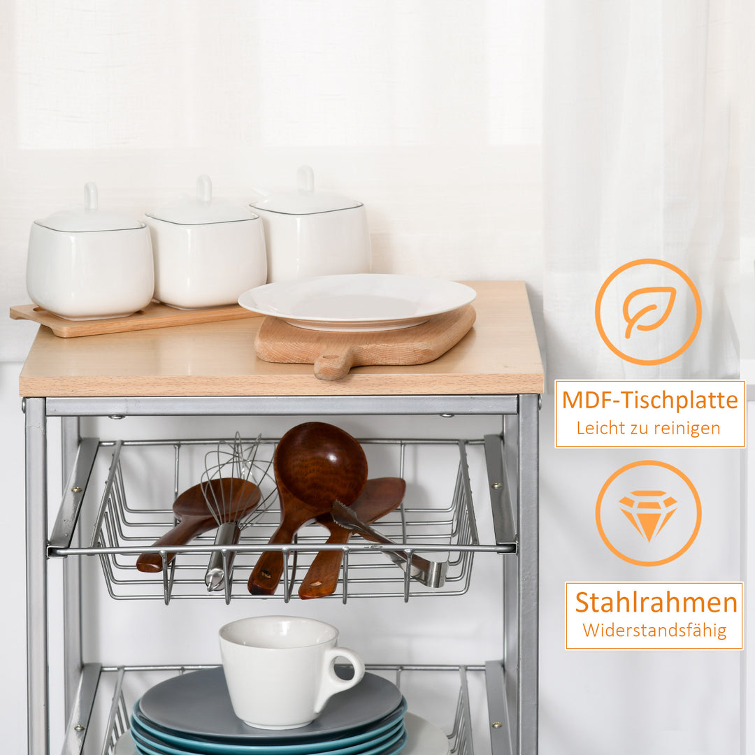 Køkkenvogn med 4 niveauer køkkenhylde med metalkurve, utility-vogn på hjul, opbevaringsvogn til køkken, badeværelse, kontor, stue, sølv