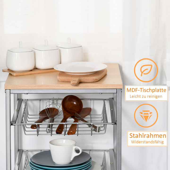 Køkkenvogn med 4 niveauer køkkenhylde med metalkurve, utility-vogn på hjul, opbevaringsvogn til køkken, badeværelse, kontor, stue, sølv