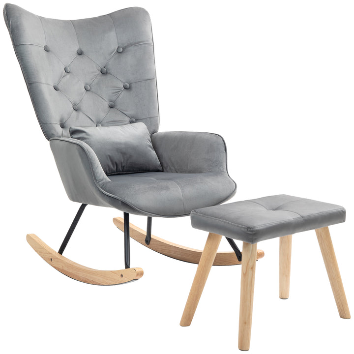 Accentstol med fodskammel, polstret, høj ryg, fløjlslook, op til 150 kg, mørkegrå