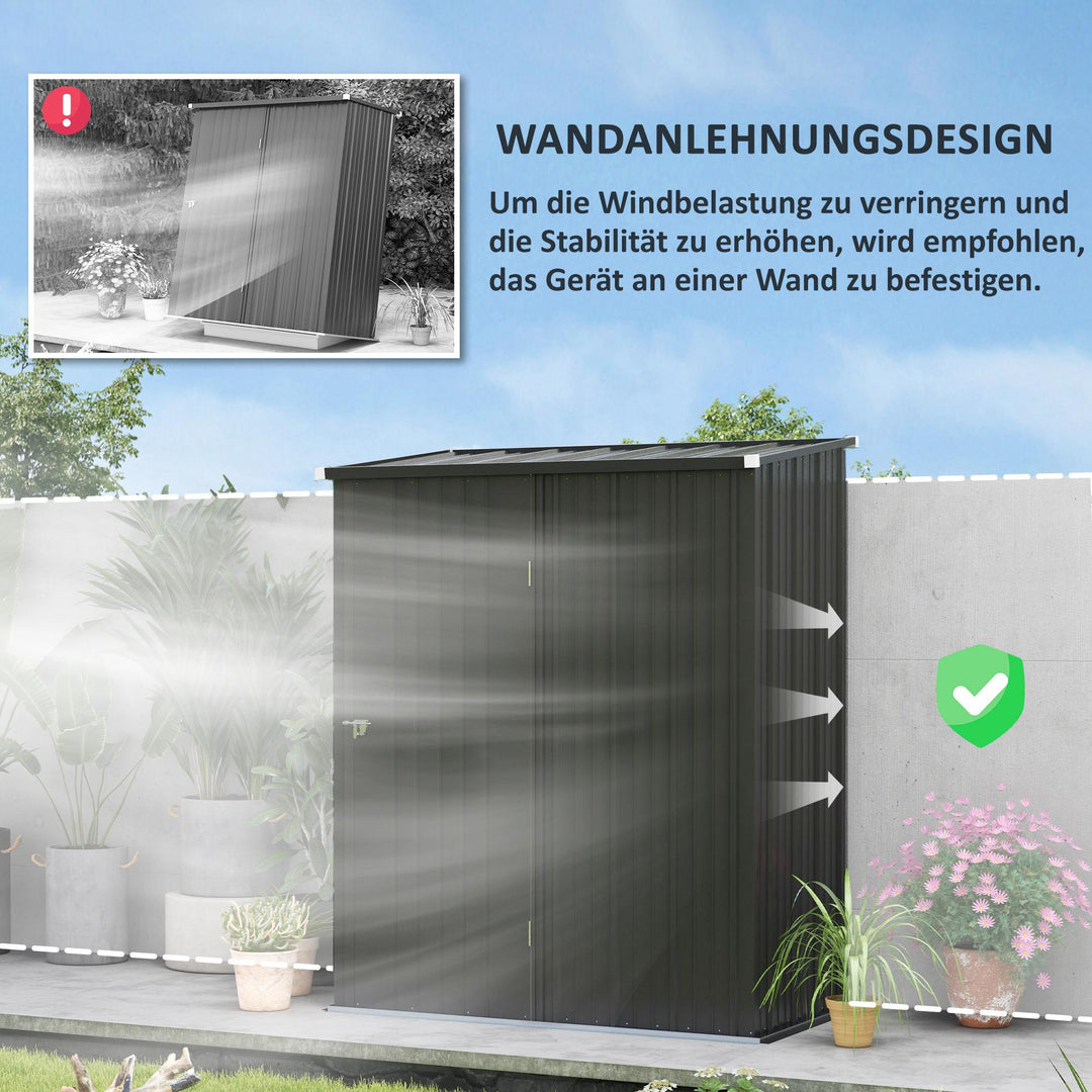 Haveskur, redskabsskur med låsbar dør, vejrbestandig og hylder, 161,5 cm x 94,5 cm x 196 cm, sort