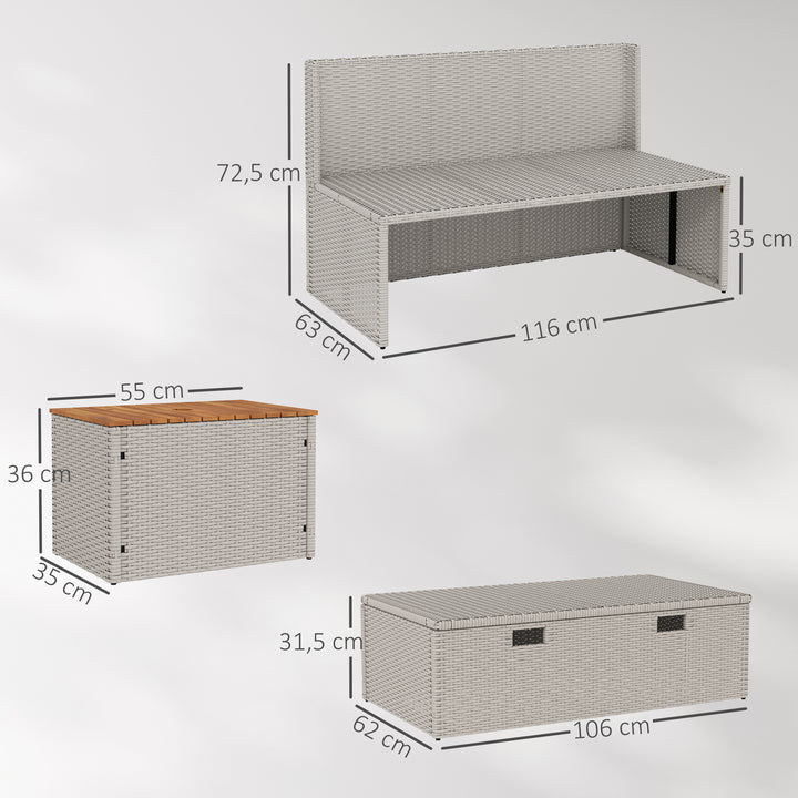 Polyrattan liggestol til 2 personer dobbelt liggestol med fodskammel opbevaringshynder 125x114x72,5 cm grå