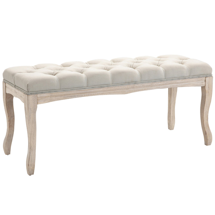 Polstret bænk med linnedbetræk, sengebænk med træramme, skobænk til soveværelse, stue, entre, 110 x 40 x 48 cm, beige