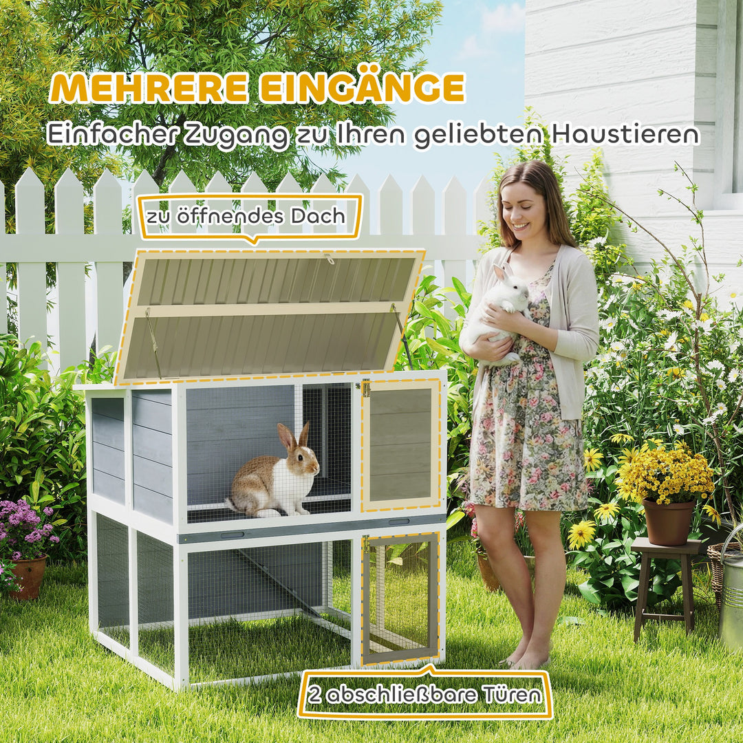 2-etagers trækaninbur med vejrbestandigt, hængslet tag, løbegård, rampe, 98x95x102,5 cm, grå