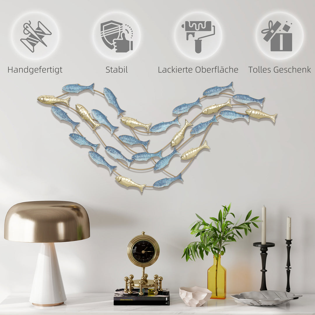 Metalvægkunst, fiskedesign, rustbestandig, moderne stil, elegant, lyseblå