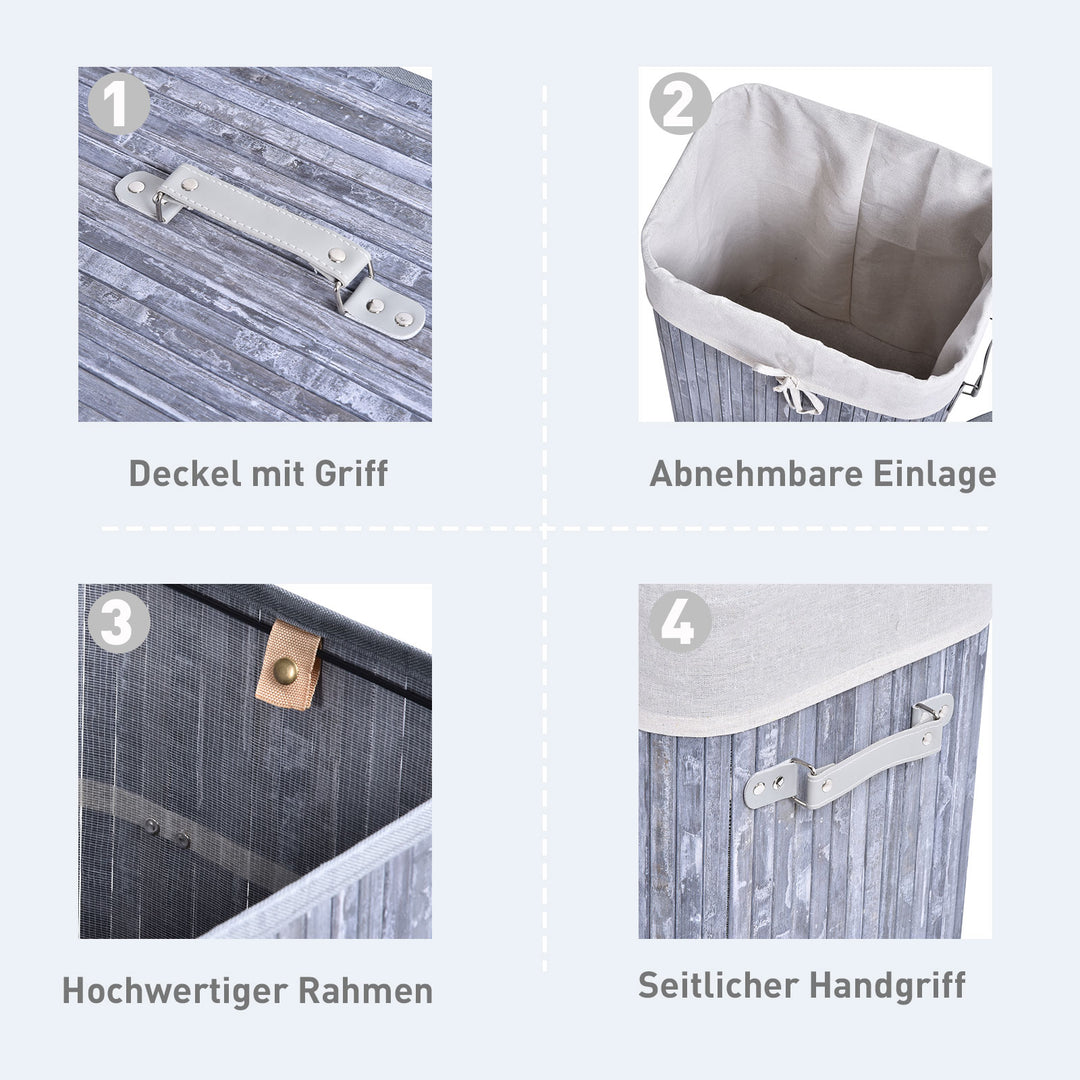 Slim vasketøjskurv med låg 72l vasketøjskurv med håndtag, aftagelig vasketøjspose, vasketøjsboks til vaskerum, soveværelse, badeværelse, grå